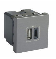 Зарядка USB type-A+C, 3,0А, 15 Вт Mosaic, DLP floor, DLP IP 44, DLP IP 40, USB type-C 5V, USB type-A 5V, двойная, цвет - алюминий
