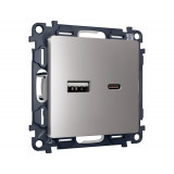 Розетка 2USB A+C 20W (быстрая зарядка) Ambrella Volt ALFA, Сталь матовый