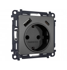 Электрическая розетка 2USB A+C 20W (быстрая зарядка) с/з Ambrella Volt ALFA, Антрацит серый