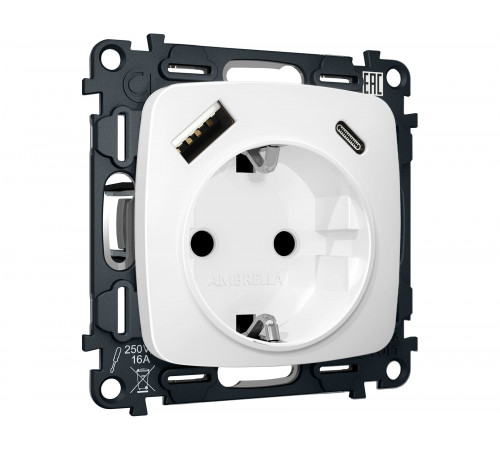 Электрическая розетка 2USB A+C 20W (быстрая зарядка) с/з Ambrella Volt OMEGA, Белый матовый