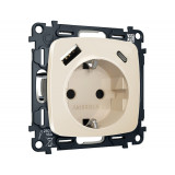 Электрическая розетка 2USB A+C 20W (быстрая зарядка) с/з Ambrella Volt OMEGA, бежевый глянец