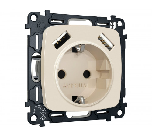 Электрическая розетка 2USB A+A 18W (быстрая зарядка) с/з Ambrella Volt OMEGA, Бежевый матовый