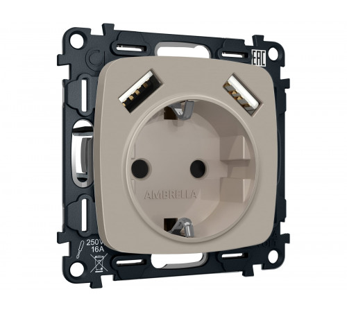 Электрическая розетка 2USB A+A 18W (быстрая зарядка) с/з Ambrella Volt OMEGA, Серо-бежевый матовый