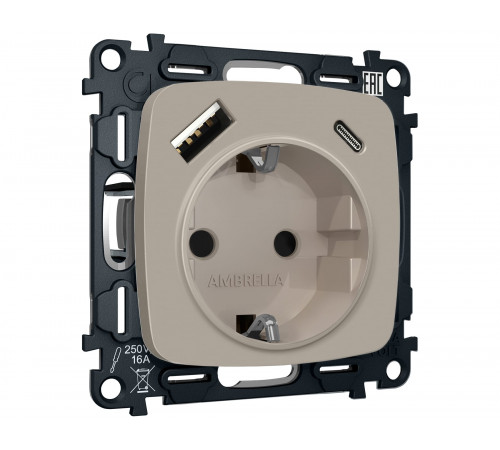 Электрическая розетка 2USB A+C 20W (быстрая зарядка) с/з Ambrella Volt OMEGA, Серо-бежевый матовый