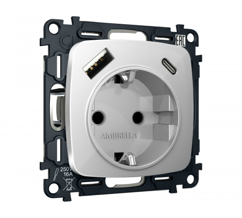 Электрическая розетка 2USB A+C 20W (быстрая зарядка) с/з Ambrella Volt OMEGA, серебро глянец