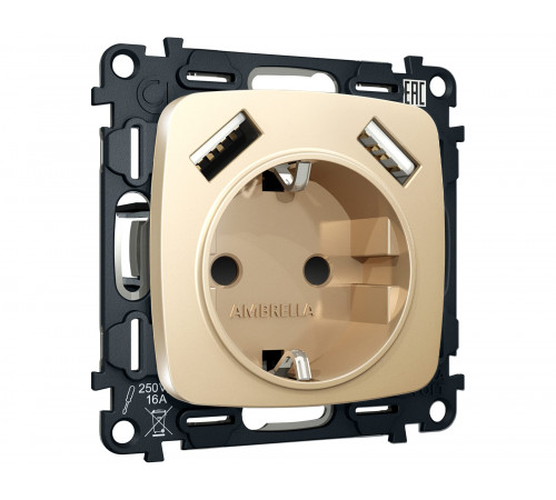 Электрическая розетка 2USB A+A 18W (быстрая зарядка) с/з Ambrella Volt OMEGA, Шампань