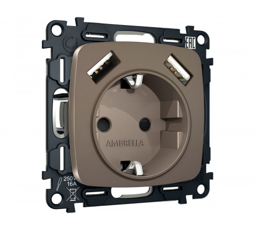 Электрическая розетка 2USB A+A 18W (быстрая зарядка) с/з Ambrella Volt OMEGA, Темная бронза матовый