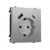 Электрическая розетка 2USB A+C 20W (быст. зар.) с/з с/ш 16A-250V Ambrella Volt SIGMA, Сталь матовый