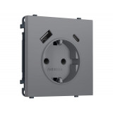 Электрическая розетка Платиново-серый Мягкое кас. 2USB A+C 20W (быст.зар) с/з с/ш 16A-250V Ambrella Volt SIGMA, Платиново-серый Мягкое касание