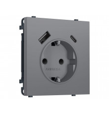 Электрическая розетка Платиново-серый Мягкое кас. 2USB A+C 20W (быст.зар) с/з с/ш 16A-250V Ambrella Volt SIGMA, Платиново-серый Мягкое касание