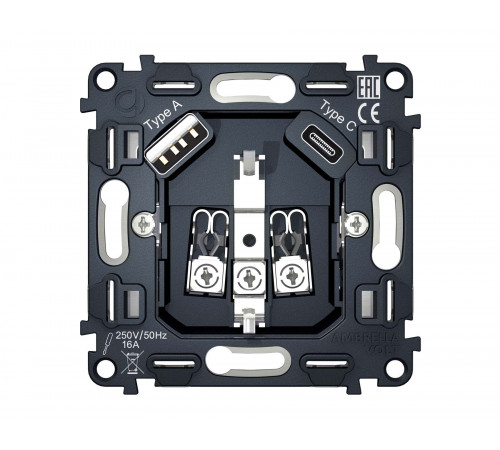 Электрическая розетка 2USB A+C 20W (быстрая зарядка) с/з на винтовых зажимах Ambrella Volt, Серый