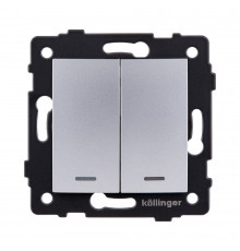Выключатель 2-клавишный проходной 10А/250В с LED подсветкой, изогнутый Kollinger REA-R-010GY, серый