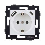 Розетка штепсельная SCHUKO 16A/250 В с USB A+C 20W Kollinger REA-004WM, белый матовый