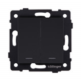 Выключатель 2-клавишный проходной 10А/250В с LED подсветкой Kollinger REA-S-010BM, черный матовый