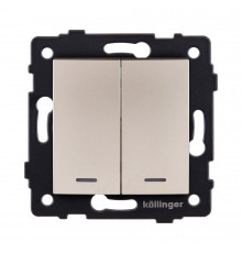 Выключатель 2-клавишный 10А/250В с LED подсветкой, изогнутый Kollinger REA-R-008GD, золотой