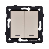 Выключатель кнопочный 2-клавишный 10А/250В с LED подсветкой Kollinger REA-S-014GD, золотой