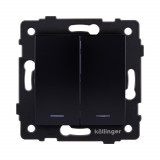 Выключатель 2-клавишный проходной 10А/250В с LED подсветкой, изогнутый Kollinger REA-R-010BK, черный
