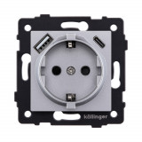 Розетка штепсельная SCHUKO 16A/250 В с USB A+C 20W Kollinger REA-004GY, серый