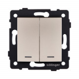 Выключатель кнопочный 2-клавишный 10А/250В с LED подсветкой, изогнутый Kollinger REA-R-014GD, золотой