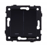 Выключатель 2-клавишный проходной 10А/250В с LED подсветкой Kollinger REA-S-010BK, черный