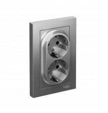 РОЗЕТКА двойная с заземлением со шторками, 16А, в сборе Systeme Electric AtlasDesign, Сталь