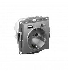 РОЗЕТКА 16А c 2 USB A+C, 5В/2,4А/3,0А, 2х5В/1,5А, механизм Systeme Electric AtlasDesign, Сталь