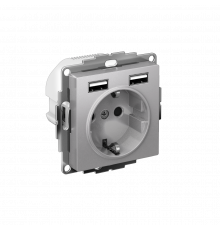 РОЗЕТКА 16А c 2 USB A+A, 5В/2,4А, 2х5В/1,2А, механизм Systeme Electric AtlasDesign, Алюминий