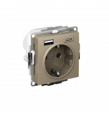 РОЗЕТКА 16А c 2 USB A+C, 5В/2,4А/3,0А, 2х5В/1,5А, механизм Systeme Electric AtlasDesign, Шампань