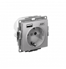 РОЗЕТКА 16А c 2 USB A+C, 5В/2,4А/3,0А, 2х5В/1,5А, механизм Systeme Electric AtlasDesign, Алюминий