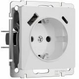 Розетка с заземлением, шторками и USB тип A+C Werkel, белый акрил