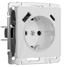 Розетка с заземлением, шторками и USB тип A+C Werkel, белый акрил