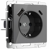 Розетка с заземлением, шторками и USB тип A+C Werkel, графит акрил