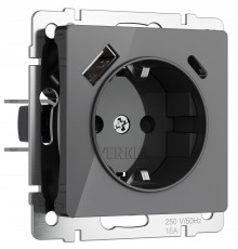 Розетка с заземлением, шторками и USB тип A+C Werkel, графит акрил