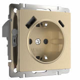 Розетка с заземлением, шторками и USB тип A+C Werkel, шампань рифленый